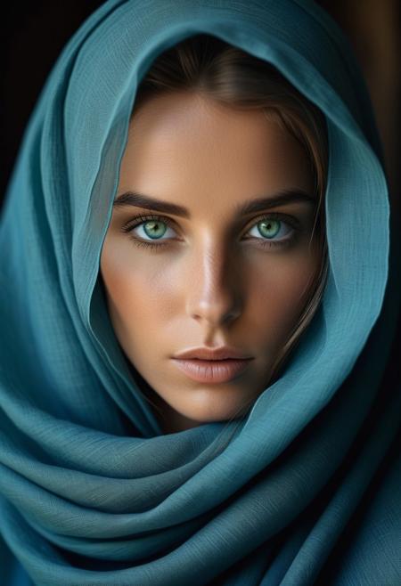 "Create a striking close up portrait of a woman wrapped in an elegant, blue fine linen flowing mantle,covering part of her beautiful face,. The focus should be on her green eyes, capturing their depth and emotion. The style should emulate the rich, detailed aesthetic of Steve McCurry,National Geographic photography Covers. Aim for the dramatic lighting and meticulous composition seen iThe background should be softly blurred to emphasize the subject’s gaze, with natural textures and subtle tones.
