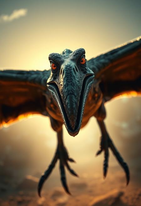 UHD dinosaur documentary movie still, photograph, Frightening scary aggressive pterodactyl with long bird-like beak and bright eyes diving towards viewer with wings spread and two feet with sharp talons reaching towards viewer, closeup, sun light shining from behind, horror, dark fantasy, photorealistic, photorealism, insanely detailed, sharp, 8k, masterpiece, trending on art station