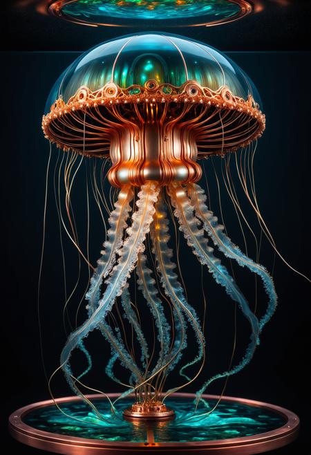 (masterpiece, best quality, ultra-detailed), a biomechanical jellyfish floating in the abyss of the deep ocean, its body is a complex structure of polished CopperCopper and translucent glowing glass, revealing intricate clockwork mechanisms inside. Surrounded by ethereal bioluminescent plankton, ultra-realistic water textures, volumetric light, deep blue and orange colors, cinematic lighting, surrealism.
