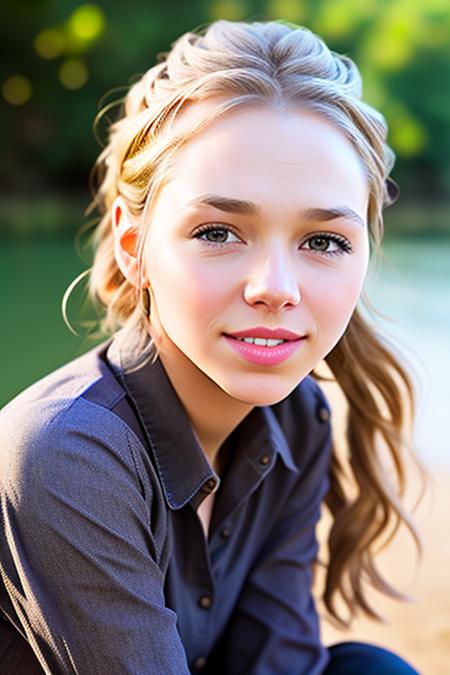 a photo of AM001_Liv_A_v2,
25 years old woman weared (long-sleeve shirt:1.2)
walking along the riverbank in the city, 
soft light, golden hour, cheerful mood, shoulder shot, close up, 
4k textures, natural skin texture, skin pores, adobe lightroom, photolab, intricate, highly detailed, sharp focus, professional photo, insane details, intricate details, hyperdetailed, hyperrealistic