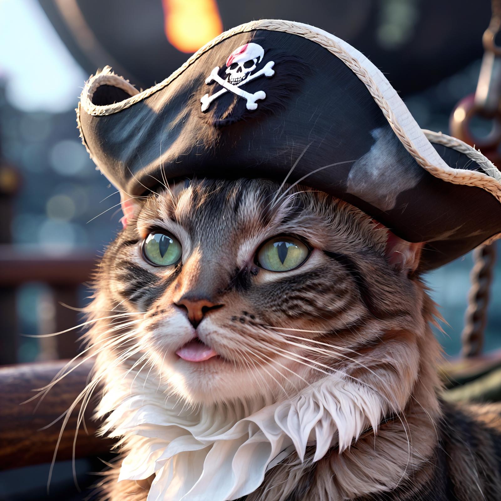 A cat wearing a pirate hat with its tongue out.