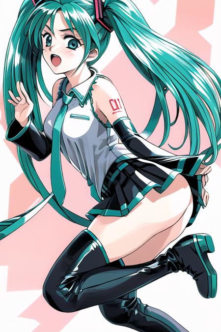 masterpiece, best quality, hatsune miku, 1girl,aqua hair,aqua necktie,ass,black skirt,black sleeves,blush,boots,detached sleeves,grey shirt,hair ornament,long hair,looking at viewer,necktie,number tattoo,open mouth,pleated skirt,shirt,skirt,sleeveless,sleeveless shirt,solo,tattoo,thigh boots,thighhighs,twintails,very long hair,  <lora:elf-pc-98:1>