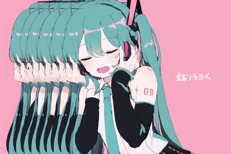 kyukurarin, vocaloid3, <lora:hatsunemiku1-000006:1>, simple background, pink background, <lora:Kurarin-10:1>