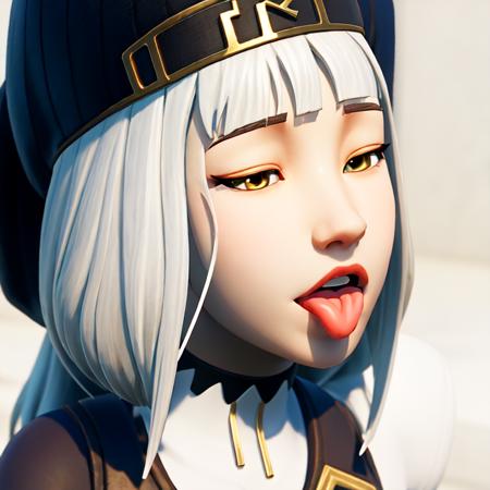 (masterpiece:1.2, best quality), FortniteStyle, 1girl, white hair, long hair, golden eyes, giving tongue, closed eyes, childish expression {white marble background with golden filigrees:1.25} <lora:Fortnite-000007:0.79>