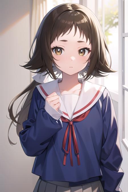 mashiromitsumine, <lora:mashiromitsumine-lora-nochekaiser:1>,
mashiro mitsumine, (brown eyes:1.5), brown hair, ponytail, (flat chest:1.2),
BREAK grey skirt, long sleeves, neck ribbon, red ribbon, ribbon, sailor collar, school uniform, skirt, white sailor collar, (blue shirt:1.5),
BREAK looking at viewer, full body,
BREAK indoors, classroom,
BREAK <lyco:GoodHands-beta2:1>, (masterpiece:1.2), best quality, high resolution, unity 8k wallpaper, (illustration:0.8), (beautiful detailed eyes:1.6), extremely detailed face, perfect lighting, extremely detailed CG, (perfect hands, perfect anatomy),