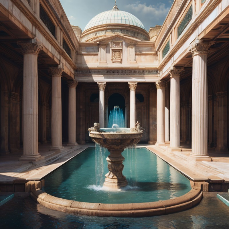a large building with a fountain in the middle of it, unsplash ,  photorealistic painting, matte painting , Artstation con...
