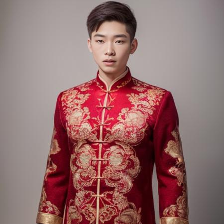 (8k, RAW photo, best quality, masterpiece:1.2), (realistic, photo-realistic:1.4), ultra-detailed, (young male internet celebrity),perfect detail ,  make up,(full body shot:1.1),chinese style architecture,a dress with a red and gold pattern on it<lora:nzshs-10:0.8>