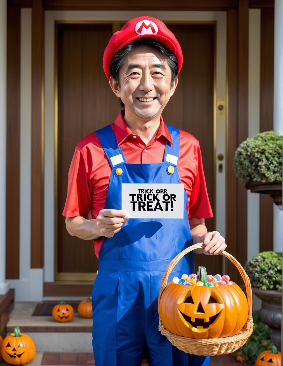 Shinzo Abe, wearing super mario cosplay, (holding a piece of paper with large text "Trick or Treat" written on it:1.2), at...