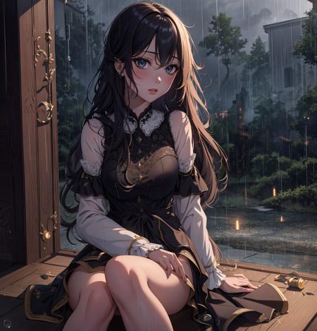 masterpiece, high quality, highres,absurdres, finely detail,ray tracking,manga,anime coloring,1 girl,dark sky,rain and wind,lighting,sitting in shadow,dark room,