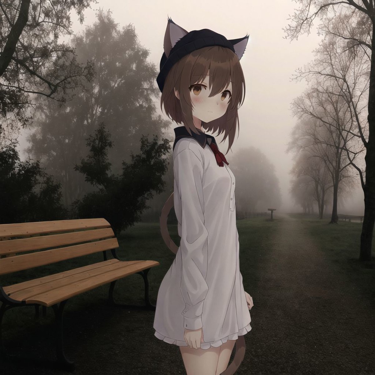 <lora:anime_irl:1>, anime_irl,  a walkway with a light on a foggy night in the park with a bench and lampposts, 1girl, alt...