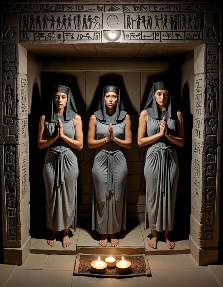 analogue photo of A moonlit chamber hosts a silent ritual—five priestesses dressed in shadow-gray linen encircle a hieroglyph-covered sarcophagus, their lips sewn shut., wlae86, <lora:sdxl_Egyptian_WalkLikeOne:1.0> clear focus, high resolution image,