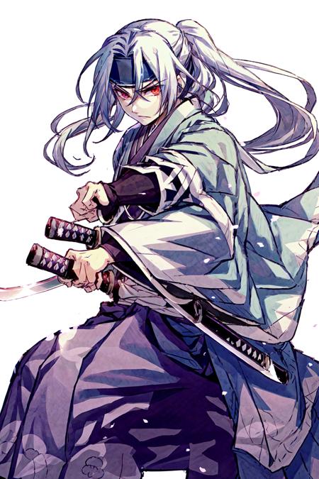 Hijikata Toshizou,  fighting stance,  hakama,  hakama skirt,  haori,  headband,  holding,  holding sword,  holding weapon,  japanese clothes,  katana,  kimono,  long hair,  ponytail,  red eyes,  shinsengumi,  simple background,  sword,  weapon,  white background,  white hair, <lora:EMS-46732-EMS:1.000000>