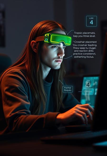 “Create a 16:9 cinematic scene where a player sits at a desk, immersed in a virtual game, with the room dimly lit and only the glow of the screen illuminating their face. The male AI operator appears on the screen, a semi-transparent, holographic figure with long brown hair and distinctive green and yellow goggles. His appearance is sleek and futuristic, exuding a tech-savvy and guiding presence. The goggles add an intriguing, high-tech element to his character, giving him an otherworldly yet approachable look.
The player asks the operator for tips on improving their aim and reaction time in the game. The AI operator, with a calm and confident tone, offers advice on crosshair placement, suggesting the player keep the crosshair at head level for quicker shots. He also explains reaction drills and the importance of practicing consistency without overexerting focus. As the operator gives these tips, floating icons or visual cues should appear around him, highlighting key points like ‘Crosshair Placement’ and ‘Reaction Drills.’
The scene shifts between close-up shots of the player’s focused expression and the holographic operator, whose goggles glow subtly with each piece of advice. The operator’s holographic form slightly shifts with movement, emphasizing his digital nature. End the scene with the player nodding, grateful for the guidance, and feeling more confident to tackle their next challenge.”