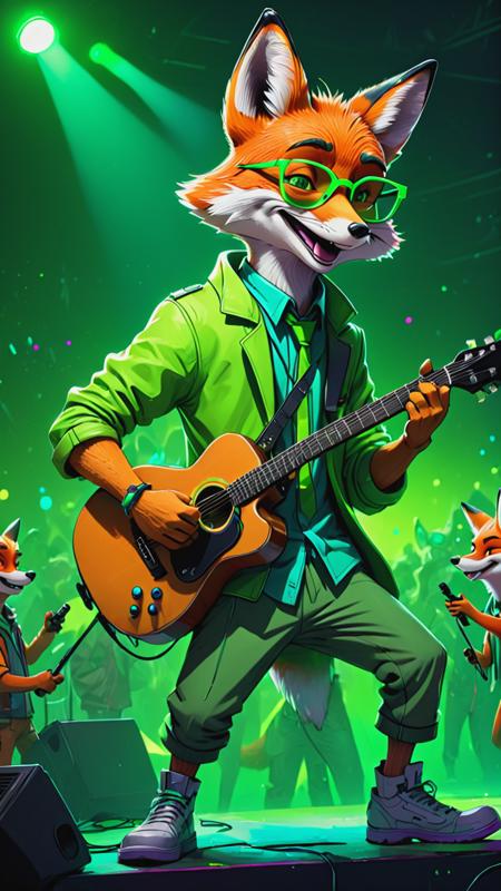 cyberpunk, line art, cartoon style, a mr.Fox, disney cartoon network, green glasses, smile, hold guitar on stage, at a rave party, neon, cartoon network character, comic painting, bold lines,  <lora:mr.Fox:0.8>