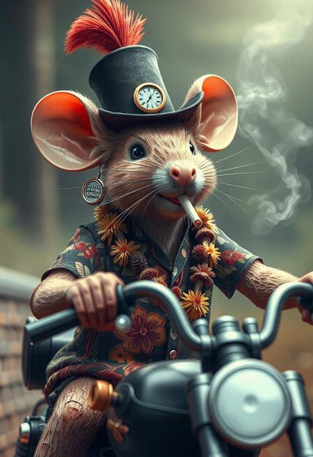 (HD, masterpiece, best quality, ultra detailed), fir needle style, pg-rated, an absurd mouse, and aloha shirt and top hat outfit give a sense of lack of taste. He rides a Harley Davidson and smokes a cigarette and gets earrings. (from below:1.3), made out of fir needles, add-detail-xl <lora:add-detail-xl.safetensors:0.8:0.8>