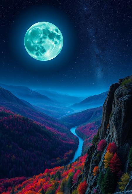 Generate a nighttime landscape viewed from a high cliff on a mountain. The sky is dominated by a full, deep blue moon with a subtle green tint, casting a mystical glow over the scene. Below, a vast, vibrant forest stretches out, its trees displaying a kaleidoscope of rich colors. A winding river snakes through the valley, reflecting the moon's light. The sky is filled with an abundance of awe-inspiring stars in bright, vivid colors, adding to the surreal beauty of the landscape.