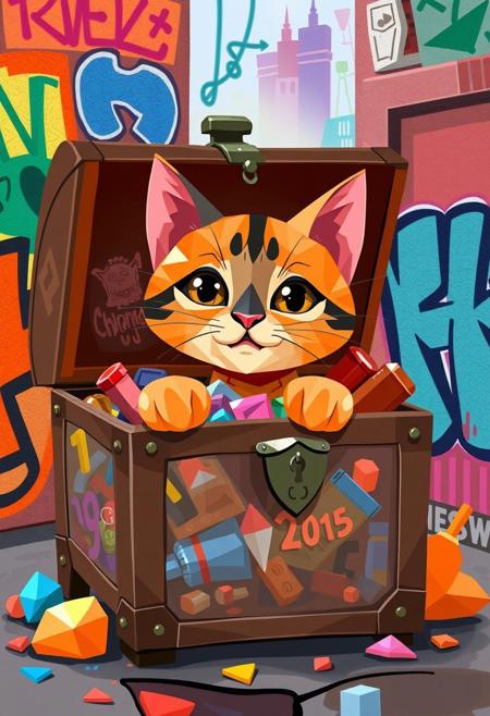 Illustrate an adorable polygonal cat peeking out from behind an abstract treasure chest filled with colorful items using shades of orange and black for its fur while employing sharp angles to define its features playfully against a vibrant urban backdrop filled with stylized graffiti.
ArsMJStyle, Oil Pastels, Flat illustration, colorful, polygonal art, abstract.