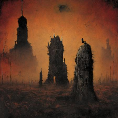 A painting in the style of ZdzisÅaw BeksiÅski showing in the distance, the crumbling ruins of once-grand Gothic structures, silhouetted against the twilight. Their decayed spires and hollowed windows resemble empty eye sockets, staring eternally into the abyss. This barren land is devoid of life, save for the spectral figures that drift aimlessly. These ghostly apparitions, their gaunt frames almost skeletal, move with a sense of lost purpose, trapped in a world of sorrow and despair