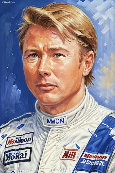 Painting portrait of Mika Hakkinen <lora:Mika Hakkinen V1:0.7>, racing suit, dramatic, neutral expression, high quality, simple background, 4k, in the style of Claude Monet, in the style of Alan Bean