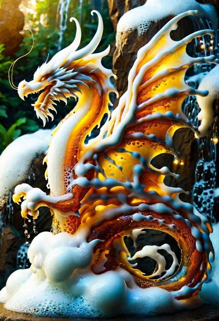 macro photo, a beautiful translucent glass dragon that glows within, glowing lights, beautiful waterfall , made out of multicolored transparent delicate glass, magical sparkles,vibrant whimsical colors <lora:ral-beer:1> made of ral-beer