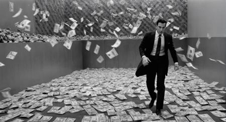 cinematic film still of  <lora:Cinematic Vintage Hollywood Film Style:1> sharp detailed, Cinematic Vintage Hollywood Film Style
 <lora:Film Stock Footage Style:0.5>
Cinematic black and white a Wide view of a man partially covered by shadows in a suit walking through a pile of money on ground and flying money in the air with a side view Kodak Vision3 500T Film Stock Footage Style, shallow depth of field, vignette, highly detailed, high budget, bokeh, cinemascope, moody, epic, gorgeous, film grain, grainy