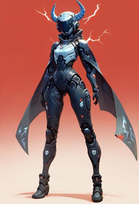 score_9, score_8_up, score_7_up, best quality, mcnm, robot girl, noface, solo, large-devil horn parts, glowing black visor, cabbage tactical space Rubber suit with black cape, standing,( legs apart:1.1), lightning effect, simple red background, dark \(theme\),