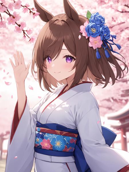 (masterpiece),(highest quality),highres,(an extremely delicate and beautiful),(extremely detailed),
1girl, japanese clothes, solo, kimono, animal ears, horse ears, hair over one eye, brown hair, flower, purple eyes, sash, smile, obi, blush, wide sleeves, white kimono, rose, blue flower, blue rose, floral print, closed mouth, horse girl, long sleeves, print kimono, cherry blossoms, looking at viewer, upper body, petals, hair flower, hat, bangs, blurry, arm up, blurry foreground, tilted headwear, depth of field, hair ornament, short hair, one eye covered, hand up, eyebrows visible through hair, long hair, blurry background, pink flower, alternate costume