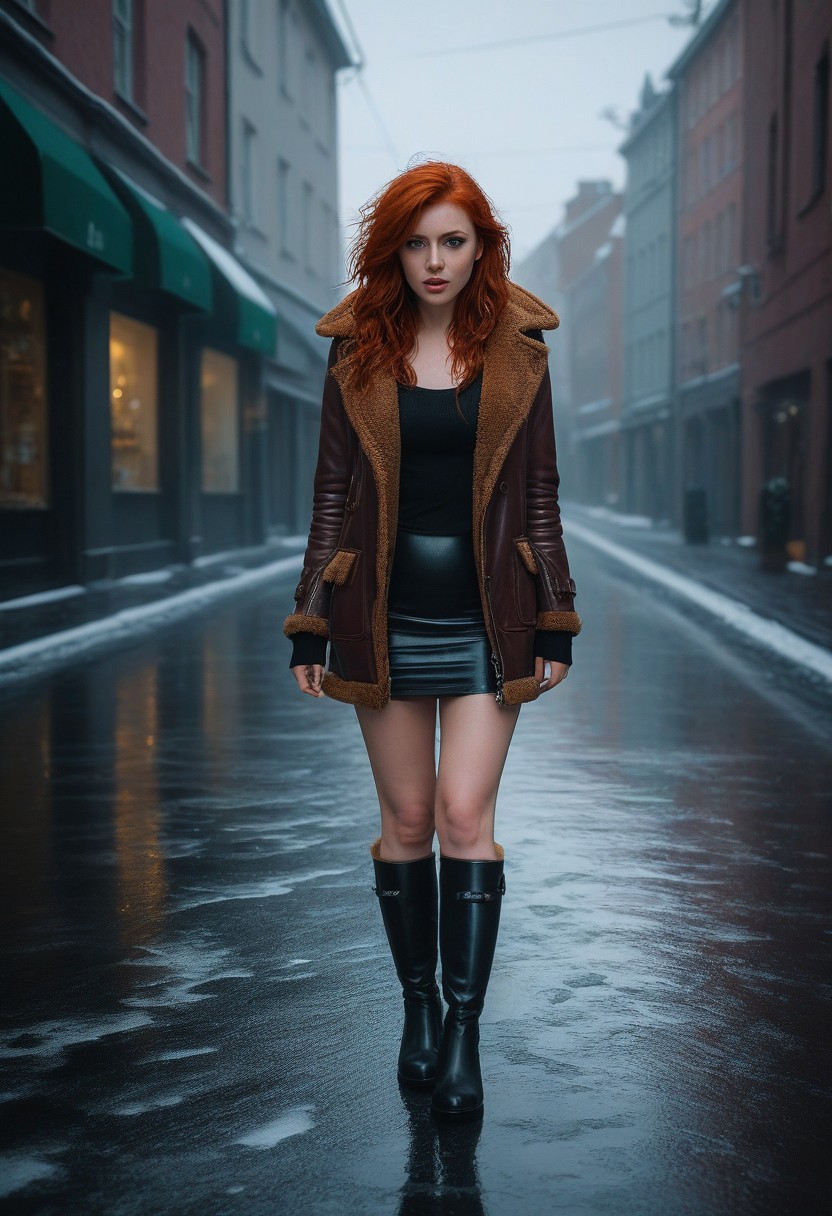 (((Nsfw))), (best quality, high quality, sharp focus:1.4), (post-coital:2), beautiful european woman who has just had passionate and energetic sex, (natural red hair: 1.1), open coat, miniskirt, braless, frontal view, leather boots, Irish, freezing rain, striking makeup, onoff, goosebumps, freezing cold, empty street, film, bokeh, professional, 4k, highly detailed, fujifilm XT3, dark, analog photo, deep shadows, by ilya kuvshinov