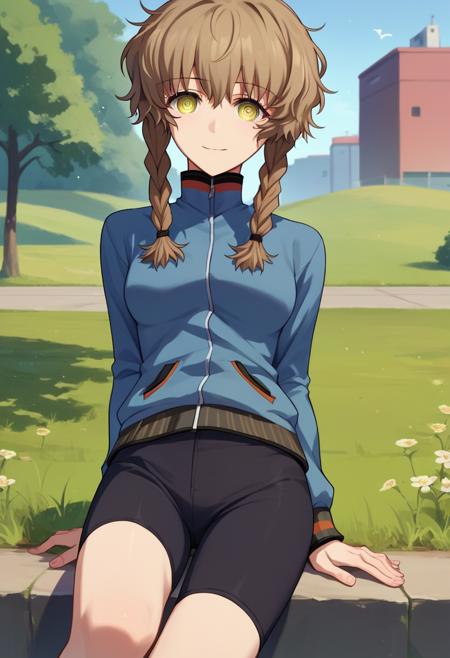 amane suzuha, short hair, twin braids, green eyes, brown hair blue jacket, black shorts white socks