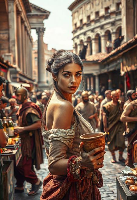 Setting is a 1st century Roman Empire market in Rome, the market is comprised of street vendors selling, food, weapons, and clothing. Everyone and everything in the image is appropriate for a scene from Ancient Rome, People wearing Roman clothing are walking through the crowded chaotic street market shopping and eating, in the foreground is a merchant selling beverages and food at a market kiosk, (((a beautiful woman, 24 years old is standing in the foreground, the woman  facing the viewer with a clay goblet of wine in her hand. Her eyes are beautiful and focused on the viewer, she has an expression of interested curiosity))), Roman Soldiers are walking behind the beautiful woman, one of the solders turns to look at the beautiful woman, many people are walking by in the busy street market, the woman is dressed in high fashion Roman Empire clothing with an alluringly sexual, but traditional roman aesthetic. The woman's hair is elegantly tied up with a ribbon. Artistic ancient Roman aesthetic, dynamic perspective, (((overall architectural aesthetic is Ancient Rome in 1st Century Roman Empire era))).  Epic image that elicits a feeling of wonder and awe, Rome Coliseum Roman Forum architecture in background, a sleek black cat is visible sitting on a kiosk roof in the background,