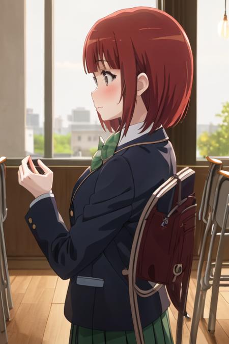 best quality, masterpiece, highres, solo, {shinoda_akane_nonnonbiyori:1.15}, short_hair, brown_hair, brown_eyes, bangs, blush, anime_coloring, red_hair, 1girl, blazer, indoors, jacket, school_uniform, closed_mouth, profile, upper_body, winter_uniform, wooden_floor