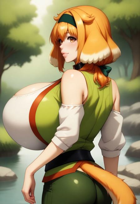 Roxanne,  1girl, dog girl, orange hair, dog ears, hairband, collar, green bow, tail,  green vest, white shirt, off shoulder, belt, green pants, 