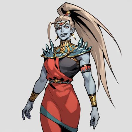 Alecto_Hades red eyes, blue skin, sharp teeth, ponytail,single wing, greek clothes,jewelry, makeup