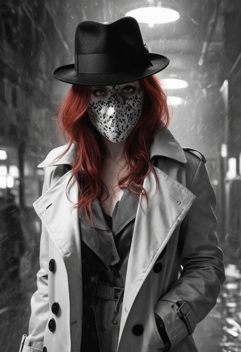 Rorschach character from Watchmen, graphic novel style, dark and gritty, black and white, detailed ink work, photo of 1girl with long red hair,  with white iconic mask, fedora hat, trench coat, intense expression, cinematic lighting, 8k resolution, bright white skin, ghost face