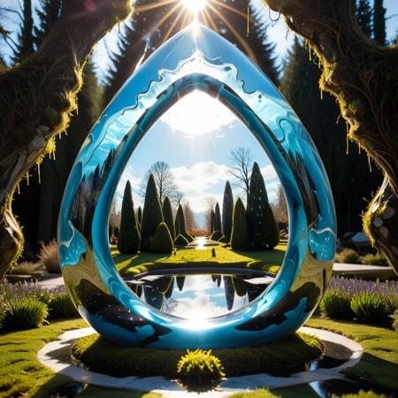 a sculpture garden preserved inside a stationary teardrop of mirrored liquid, statues distorted by the curvature, grass frozen mid-wave, sunbeams entering at sharp angles and splitting into spectrum fragments, tearStyle2