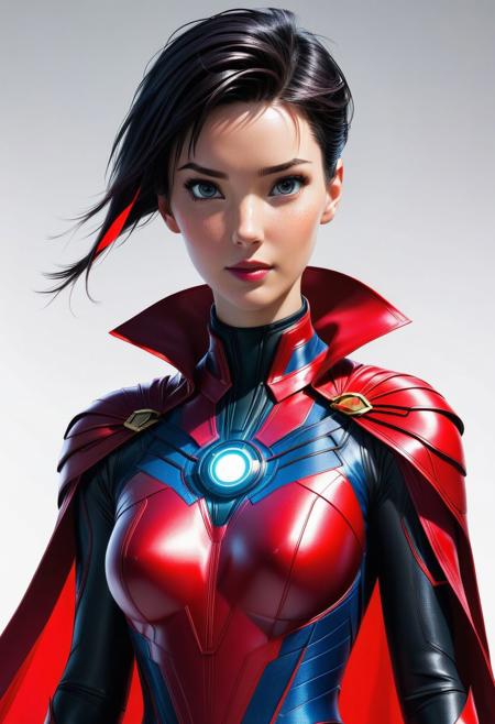 Anna, dressed as doctor strange, powered futuristic outfit, red cape and high collar, black punk hair, semi shaved hair, style of stanley artgerm, artgerm style, white background, simple background
