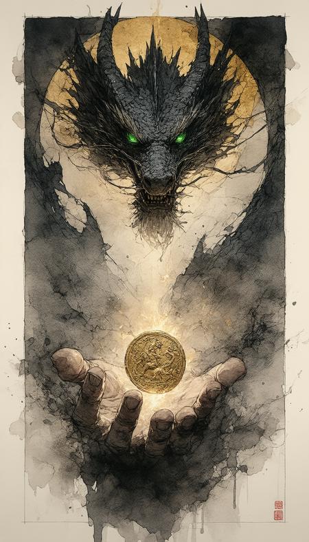Ink art, watercolor painting, charcoal shadows: Intimate close-up of a wise elder with a deeply engraved smile, presenting an ancient, slightly dirty, excavated gold coin. Above the wise elder's left shoulder looms the head of an ancient, black-and-gold dragon with green slit eyes and a crown of horns around its head. Arthur Rackham's expressive lines, Rembrandt's poignant lighting. Sepia, ochre, desaturated blues. Soft window light casts delicate chiaroscuro on papery skin and a slightly dirty coin. A dusty sunbeam illuminates antique lace and worn wood. Focus: knowing eyes, gentle hands, coin at center. Atmosphere of nostalgic tenderness, quiet contemplation; hints of cleaning rags, a hint of steam.