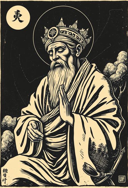 Seeking Peace From Worldly Endeavors,bold lithographic, strong contrast, graphic textures, naturalistic portraits, historic subject matter, symbolist themes, expressive linework, rich black ink, vintage print aesthetic, fine details, dramatic composition, allegorical elements, handcrafted quality, traditional printmaking, timeless elegance
