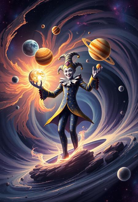 "Cosmic jester, a gargantuan being of swirling, starry energy, stands at the center of a churning black hole. With an impish grin, the jester effortlessly juggles an entire solar system, planets and moons suspended in mid-air as if defying gravity and space-time itself. The black hole's event horizon rages around the jester, its darkness illuminated by the vibrant colors of the juggled planets. Stars and galaxies wheel in the background, a dizzying celestial tapestry that underscores the jester's impossible, godlike feat. Style: vibrant, cosmic, and surreal, with a focus on capturing the jester's playful, mischievous energy amidst the mind-bending vastness of the universe."