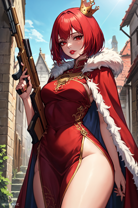 SLE, mksks style, best quality, masterpiece, detailed background, highly detailed, intricate, detailed face, long eyelashes, detailed eyes, (standing:1.1), (cowboy_shot, straight-on:1.3), (thick thighs:1.0), (medium breasts:1.2), (narrow_waist:1.4), (medieval village:1.3),

(one girl, 1girl:1.1), (solo:1.3), (red eyes:1.2), (red hair:1.1), (fur trim), (bob cut:1.2), (thick_lips:1.4),

(red dress, long dress, elegant dress, red cloak, ornate clothes, gold crown:1.2), (holding, holding_gun:1.0), (shotgun:1.3),

(bored:1.3), <lora:BetterGuns-V1:1>