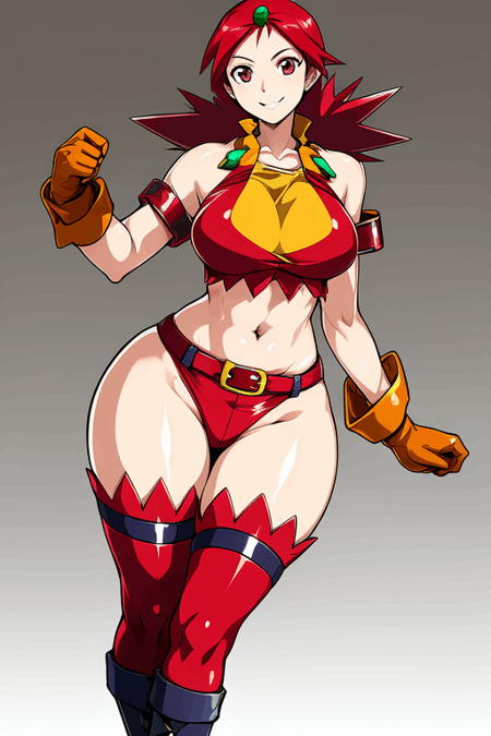 pawg, tomboy, Naomi Fluegel, red hair, spiky hair, red eyes, yellow gloves, red thighighs, red shorts, thighs, green hair ornament, arm bands, exposed shoulders, large breasts, red high heeled boots, navel, legs, smile