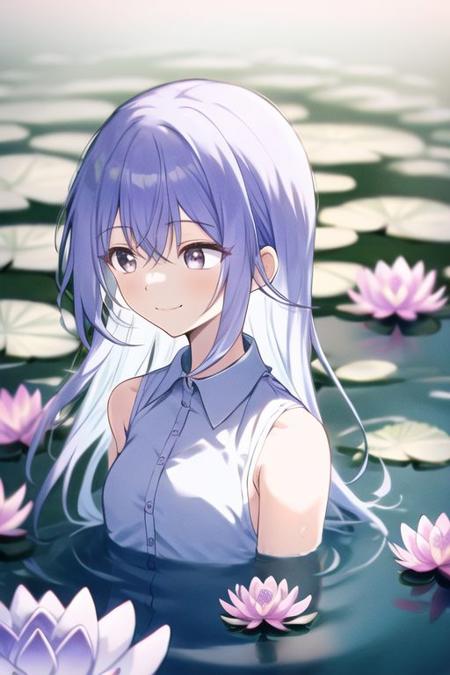 closed mouth, looking away, smile, solo, blurry, depth of field, flower, lily (flower), purple flower, upper body, water lily flower,
suzuki hana, long hair, blue hair,
white shirt, collared shirt, sleeveless
<lora:hana-v1.0-step00001600:0.9>