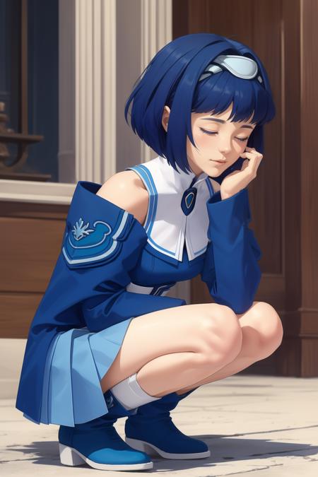 Kelvena, blue eyes, blue hair, short hair,  blue sleeves, bare shoulders, blue shirt, white pleated skirt, blue boots, 