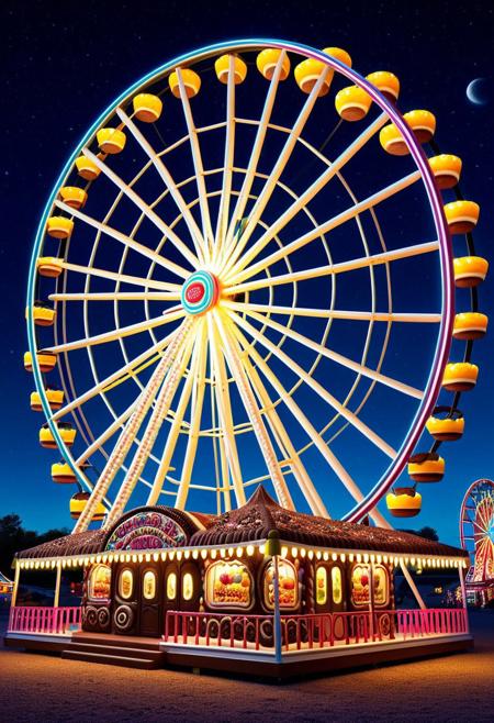 Sweet Delight, ((Ferris Wheel)) made of creamy cookies, carnival ride of sugar, glowing gumdrop lights, night of sweet delights, moonlight, candyland, striking, lively colors, intense colors, picturesque, masterwork, exemplar quality, global illumination, SFW, PG, exquisite detail, digital art, dw01-3400