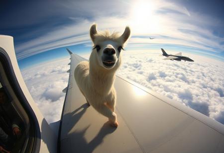“A llama jogging on the wing of an Airbus, its fluffy fur billowing in the wind as it moves, looking directly at the viewer through the window of the plane. The scene is captured with a cheap GoPro camera using a hyper fisheye lens, creating a distorted, wide-angle view. The plane is cruising high above the clouds, sunlight reflecting off its metallic surface. Inside the cabin, passengers are visible through the window, clearly startled by the sight. The llama has an unsettling, creepy smile, adding a surreal and eerie atmosphere to the scene. In the background, an F-35 fighter jet floats among the clouds, intensifying the bizarre, dreamlike quality of the moment.”