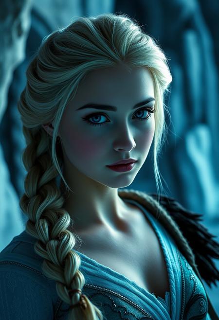Close Up shot of Elsa as a warrior princess  in the ice castle, one long braid side over her shoulder, at night, Low saturation color photography, vintage, grunge, top light