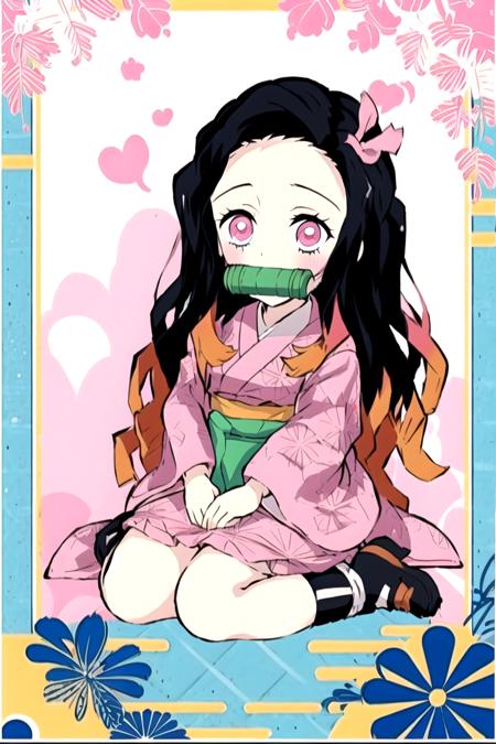 <lora:KnY_ChibiV2:1>, 1girl, full body,  (nezuko:0.85), pink eyes, long hair, two-tone hair, forehead, sitting, seiza, pink kimono, long long sleeves, bit gag