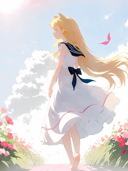 masterpiece,best quality,1girl, solo, dress, white dress, long hair, flower, outdoors, day, standing, closed eyes, sky, from behind, blurry, wind, white background, pink hair, barefoot, sleeveless dress, hair ornament, depth of field, sleeveless, floating hair, scenery, cloud, bare shoulders, bare legs, from side, blonde hair, sailor collar, bangs, simple background, animal ears, very long hair