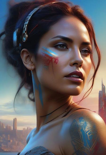 Steampunk tahitian Woman 40 years old with fine hightech skin details, detailed face, sf, intricate artwork masterpiece, blue and red pastel ratio, background is apocalyptic city on golden hour, ominous, matte painting movie poster, by Carne Griffiths