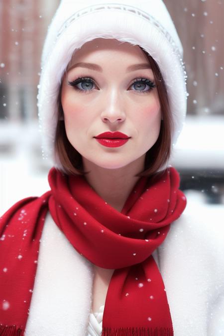 photo of a woman, elliek-3280:0.99,((short hair):1.2), ((pale skin)), (closeup, portrait),((outdoors, city, snow):1.2),((red lipstick,heavy eyeliner, heavy eye shadow, blush):1.2), ((warm hat, scarf), ((best quality, masterpiece, extreme details, high resolution):1.2),((detailed eyes, beautiful eyes, detailed face, beautiful face):1.2)